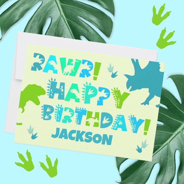 Carte Dinosaure Nom personnalisé et texte Enfant plat An (Click "Personalize this Template" to easily customize this cute card.)