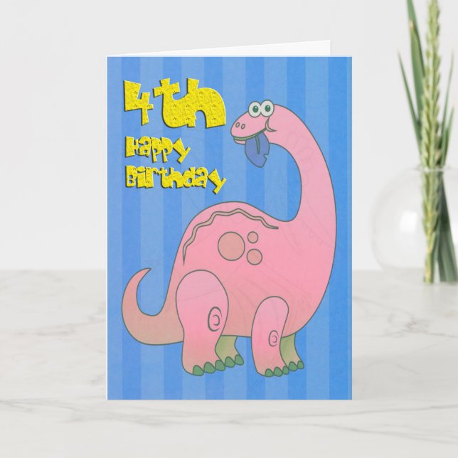 Carte Dinosaure rose de joyeux quatrième anniversaire (Devant)