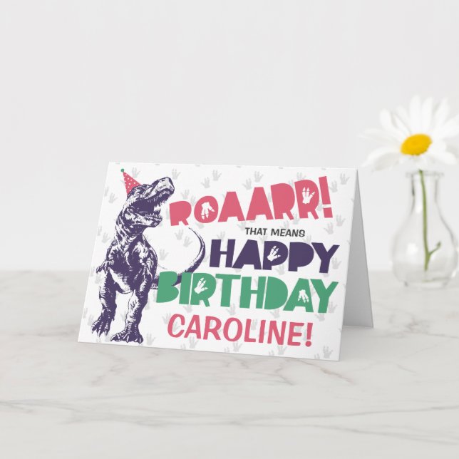 Carte Dinosaure T-Rex avec un Chapeau de Fête Rose Joyeu (Petite plante)