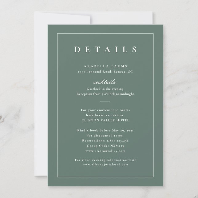 Carte d'insertion de détails de mariage vert sauge (Devant)