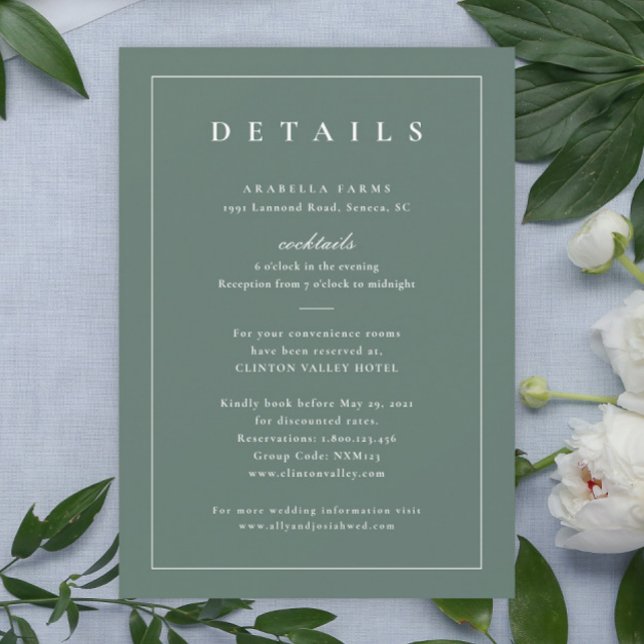 Carte d'insertion de détails de mariage vert sauge (Simple typography sage green wedding invitation details enclosure card.)