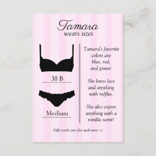Carte d'insertion de taille de lingerie nuptiale