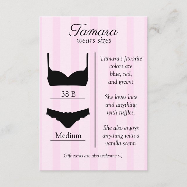 Carte d'insertion de taille de lingerie nuptiale (Devant)