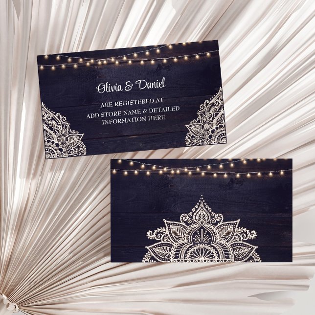 Carte d'insertion du registre d'élégance rustique  (Midnight Blue Rustic Elegance Registry Insert Card on a sunny white dry palm leaf.)