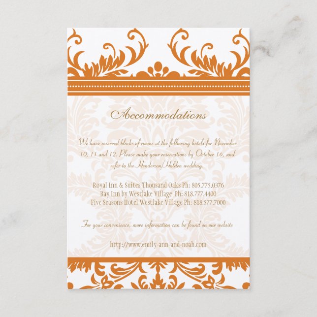 Carte d'insertion Mariage damassé orange et ivoire (Devant)