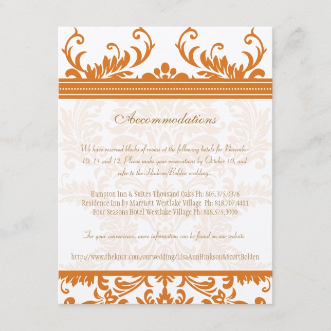 Carte d'insertion Mariage damassé orange et ivoire (Devant)