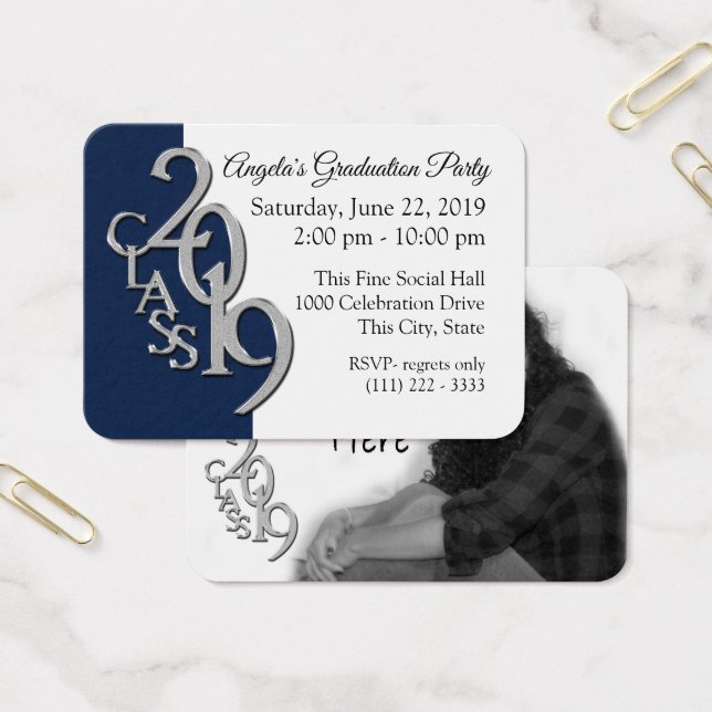 Carte d'insertion photo bleue de la fête de gradua (Bureau)