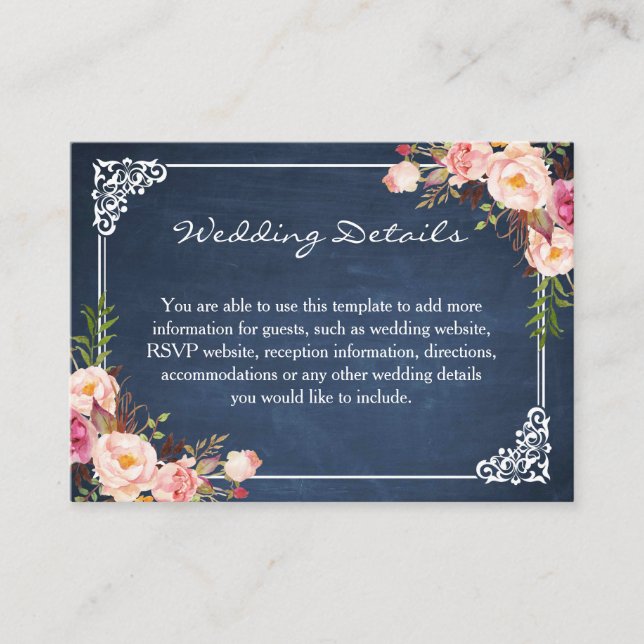Carte d'insertion Rustique Floral Blue Chalkboard  (Devant)