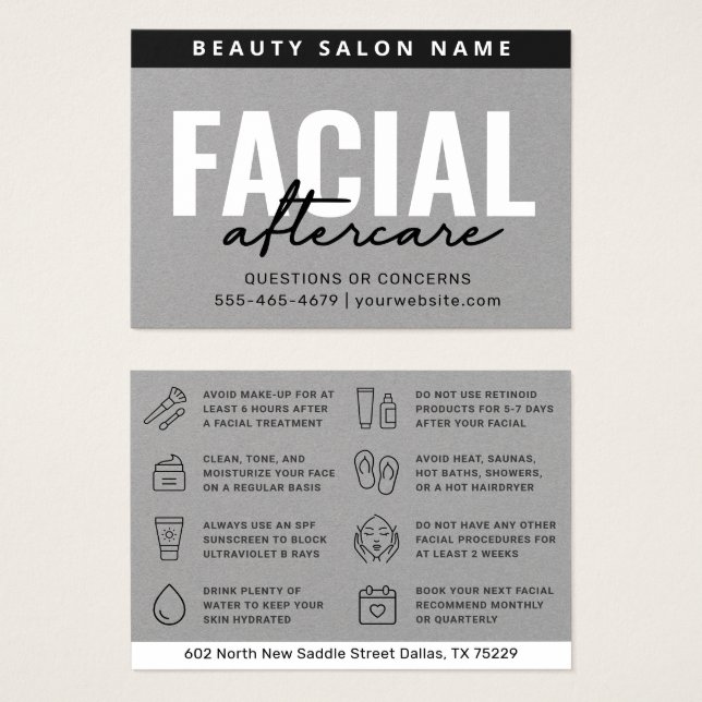 Carte d'instruction de postsoins faciaux gris Prem (Devant & derrière)