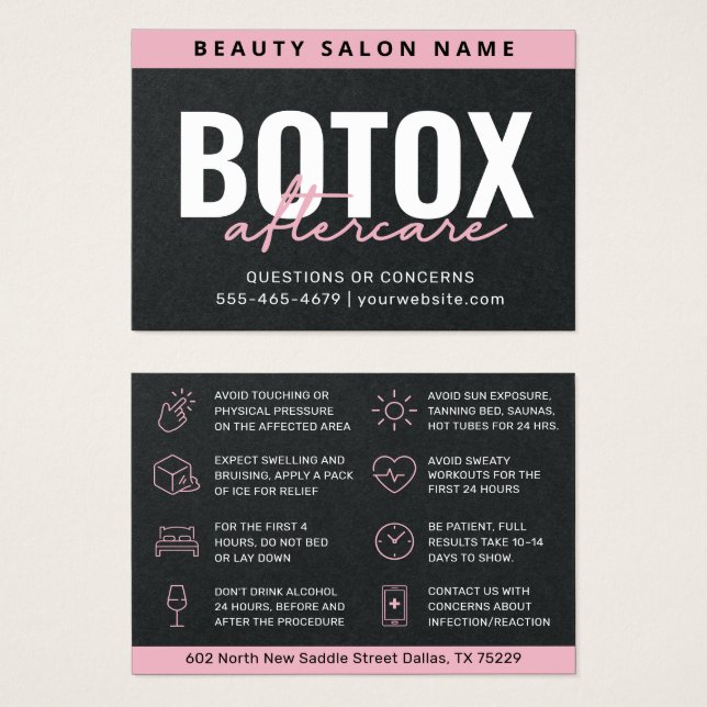 Carte d'instruction de soins après Botox Noir Prem (Devant & derrière)