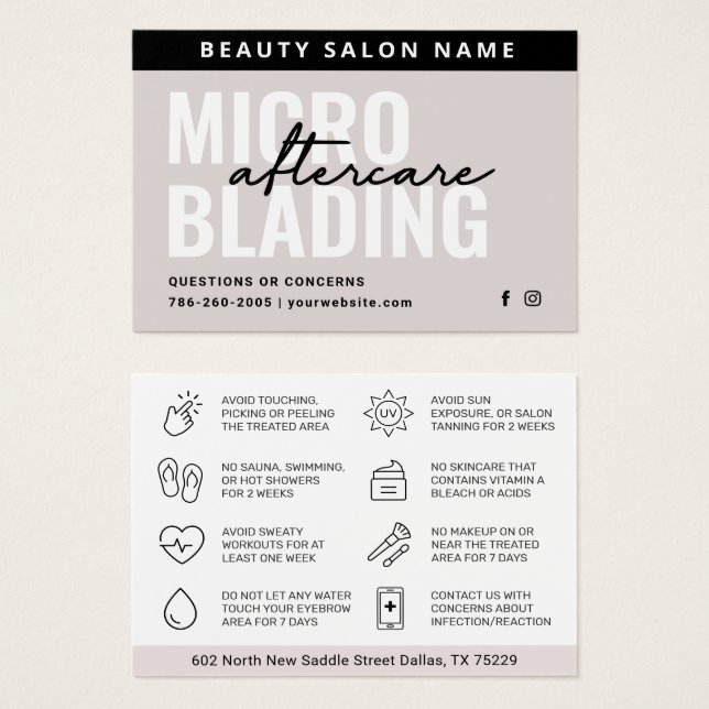 Carte d'instructions de soins après sourcils moder (Devant & derrière)