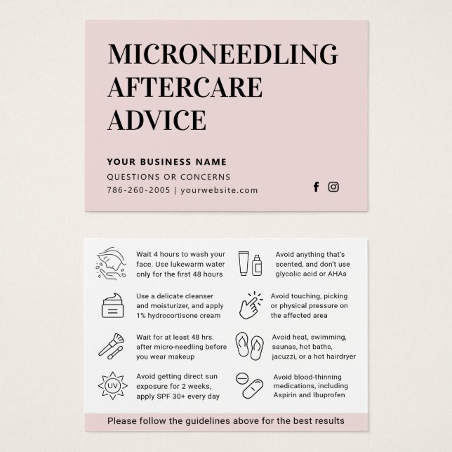 Carte d'instructions de suivi de microneedling de  (Devant & derrière)
