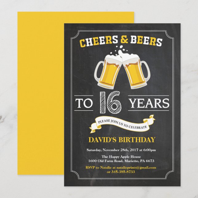 Carte d'invitation 16 ans "Tchin et bières" (Devant / Derrière)