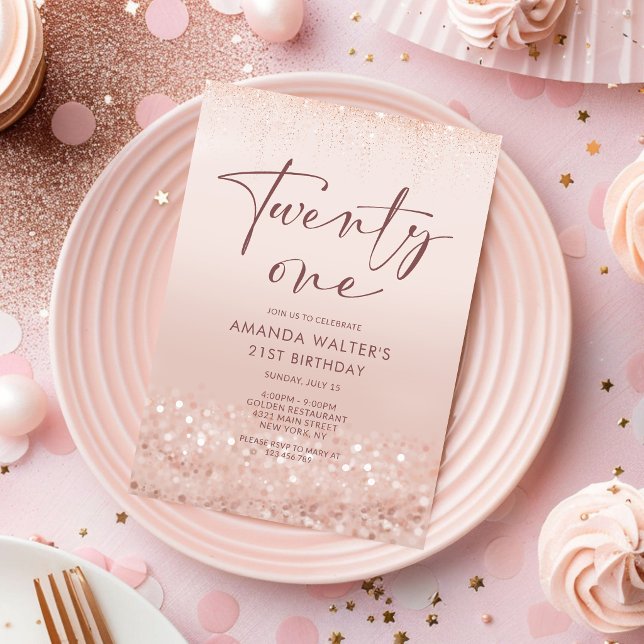 Carte d'invitation 21e anniversaire Rose Gold Glit (Rose Gold Glitter 21st Birthday Invitation Card)