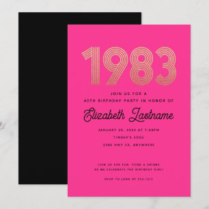Carte d'invitation 40 ans 1983 rose chaud et or no