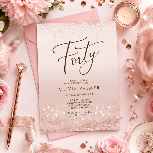Carte d'invitation 40 ans pailletée or rose (Rose Gold Glitter 40th Birthday Invitation Card)