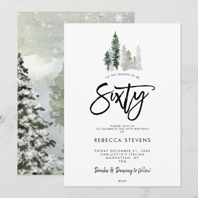 carte d'invitation 60 ans festive avec arbres d'hi (Devant / Derrière)