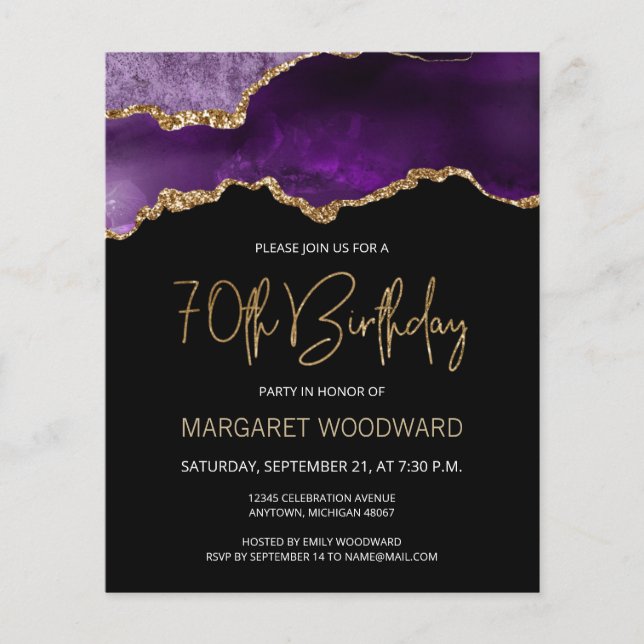 Carte d'invitation 70 ans Budget Purple Gold Agate (Devant)