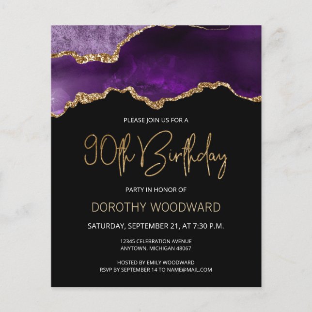 Carte d'invitation 90 ans Budget Purple Gold Agate (Devant)