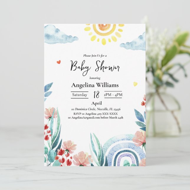 Carte d'invitation à baby shower plat avec design. (Debout devant)