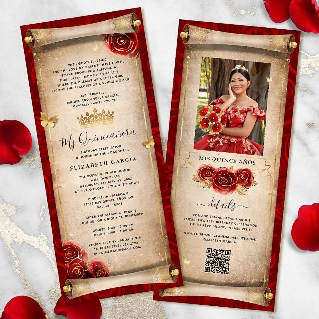 Carte d'invitation à défilement Quinceanera rouge  (Elegant red and gold quinceanera scroll invitation cards for your fairytale birthday party.)