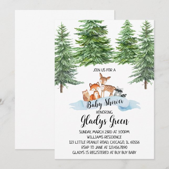 Carte d'invitation à la Baby Shower en forêt hiver (Devant / Derrière)