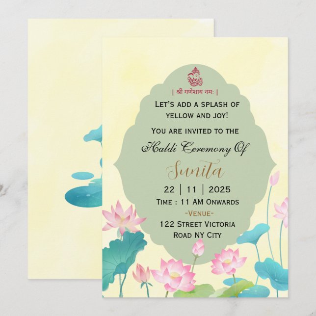 Carte d'invitation à la cérémonie Haldi d'un maria (Devant / Derrière)