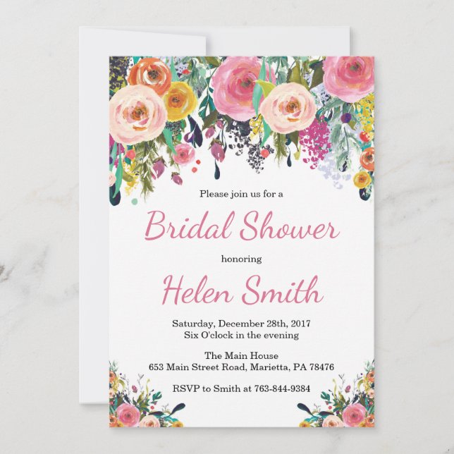 Carte d'invitation à la douche nuptiale florale Aq (Devant)