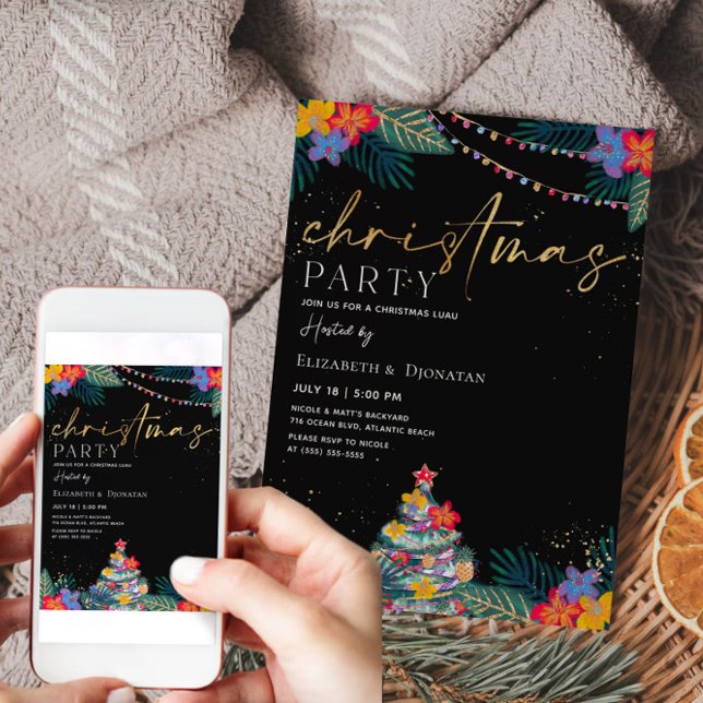 Carte d'invitation à la Parties scintillant d'or d (Tropical Christmas Invitation)