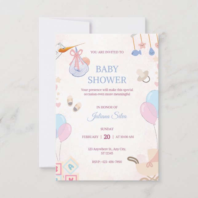 carte d'invitation à l'aquarelle rose et bleue (Devant)