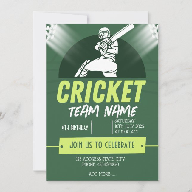 Carte d'invitation à thème de la fête de cricket (Devant)