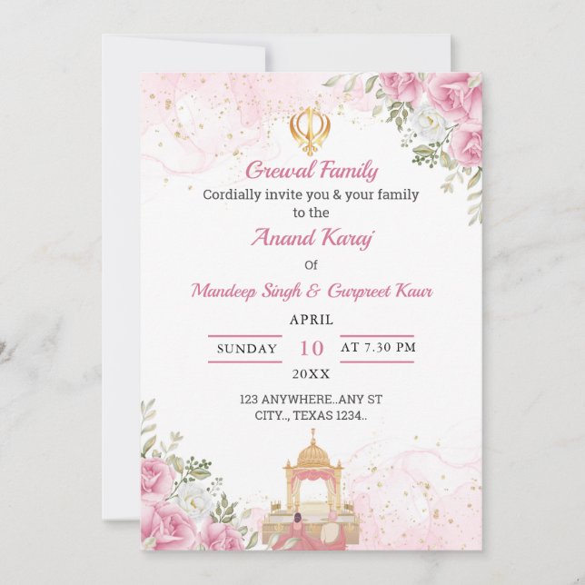 Carte d'invitation Anand Karaj à fleurs roses (Devant)