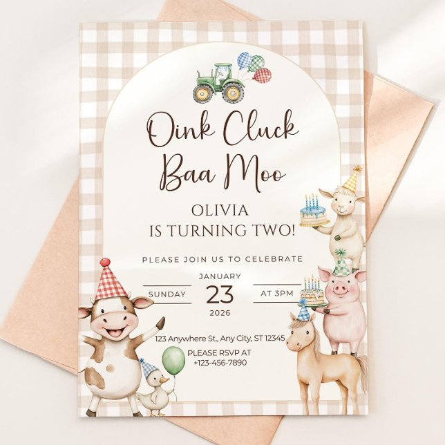 Carte d'invitation anniversaire 2 ans Oink Baa Moo (Créateur téléchargé)