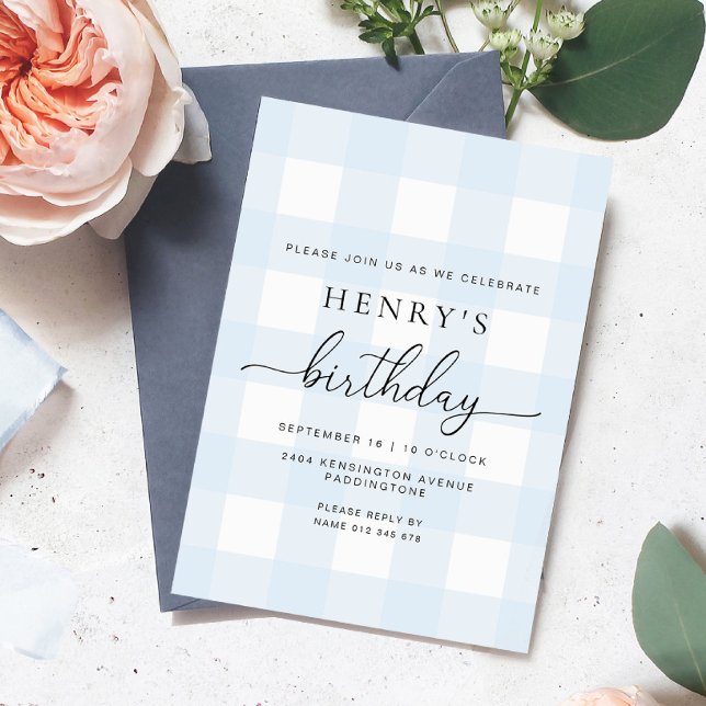Carte d'invitation anniversaire à carreaux bleus (Créateur téléchargé)