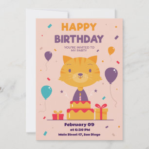 Carte d'invitation Anniversaire du chat joli dessi