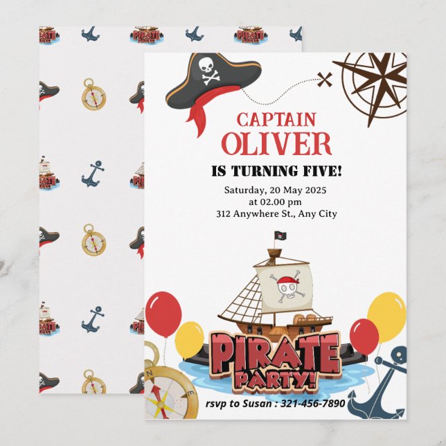Carte d'invitation Anniversaire du navire marin pi (Devant / Derrière)