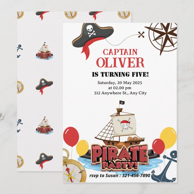 Carte d'invitation Anniversaire du navire marin pi (Devant / Derrière)