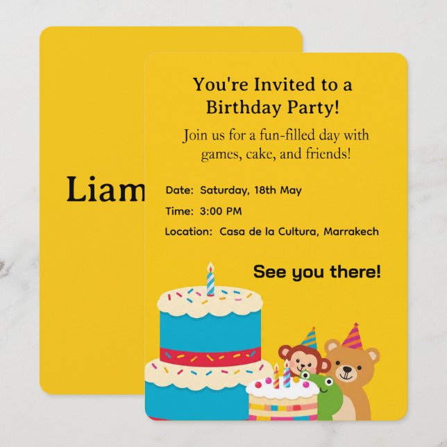 Carte d'invitation anniversaire enfantin jaune – F (Devant / Derrière)
