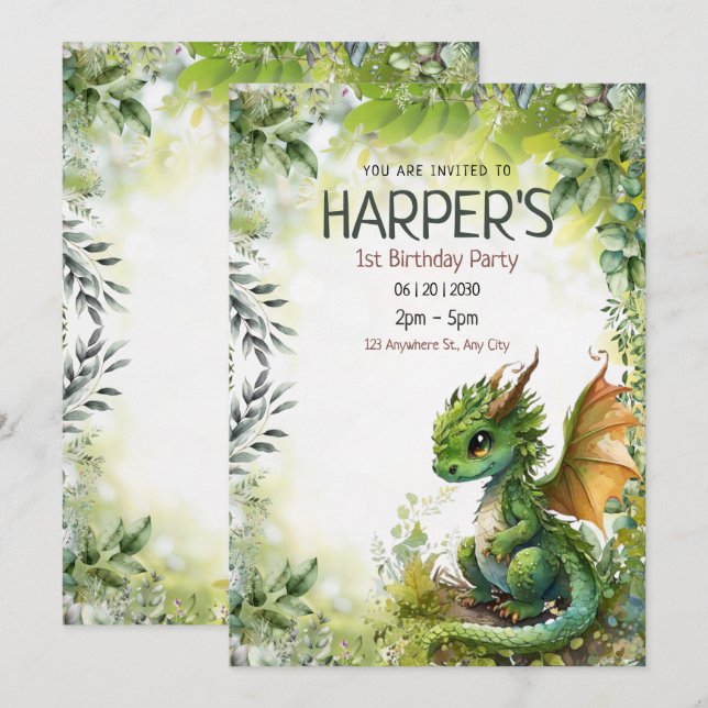 Carte d'invitation anniversaire modifiable Dragon  (Devant / Derrière)