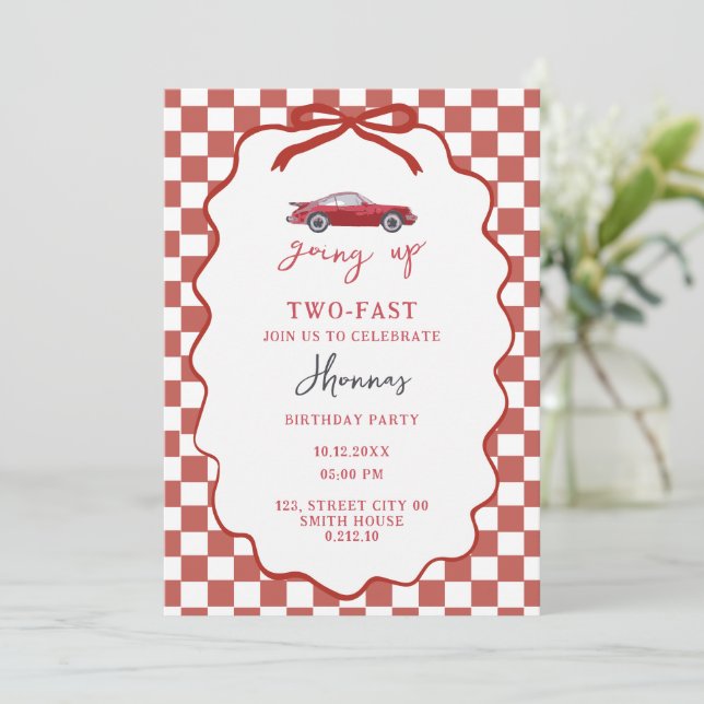 Carte d'invitation anniversaire rétro rouge Growin (Debout devant)
