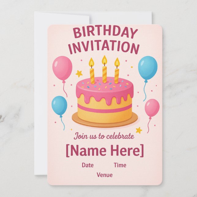 Carte d'invitation Anniversaire rose mignonne | (Devant)