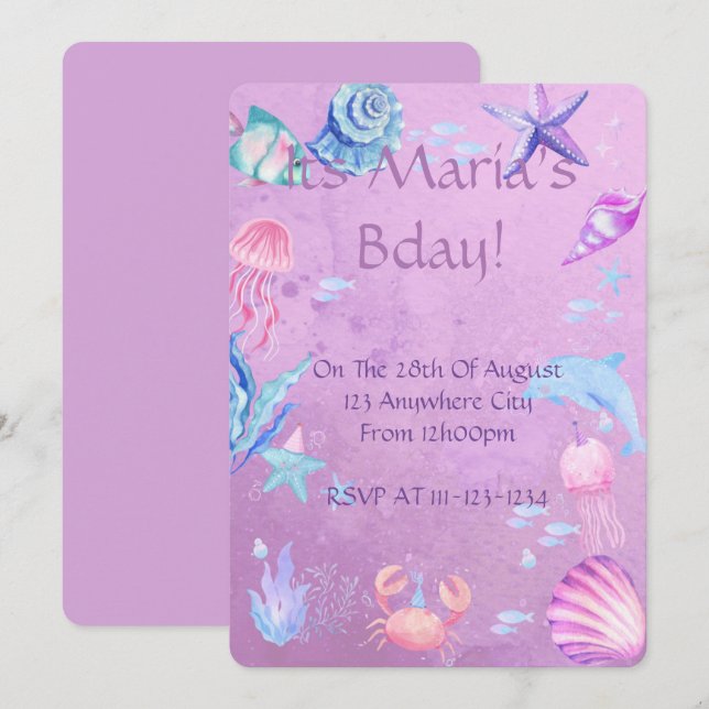 CARTE D'INVITATION ANNIVERSAIRE THÈME MER ET SIRÈN (Devant / Derrière)