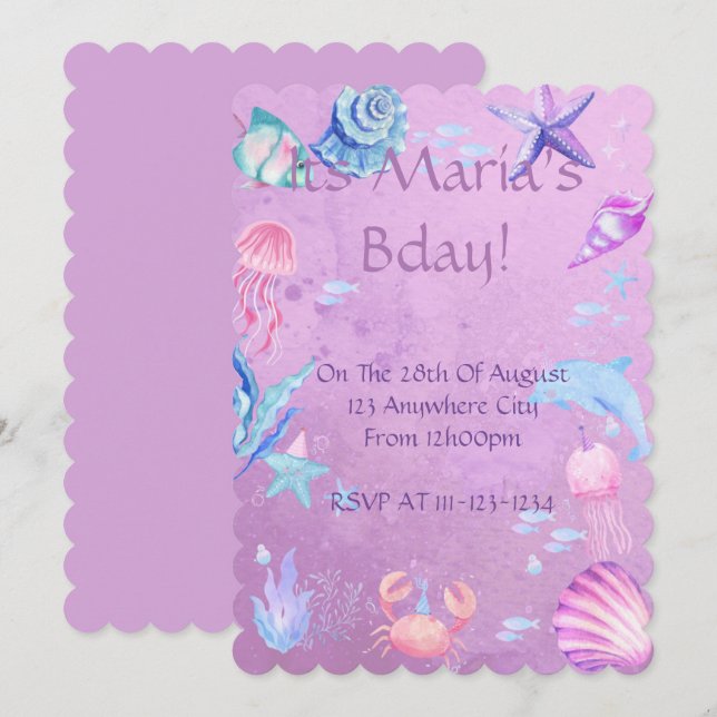 CARTE D'INVITATION ANNIVERSAIRE THÈME MER ET SIRÈN (Devant / Derrière)