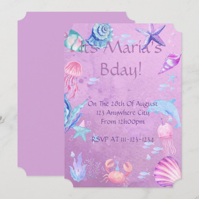 CARTE D'INVITATION ANNIVERSAIRE THÈME MER LICORNE  (Devant / Derrière)