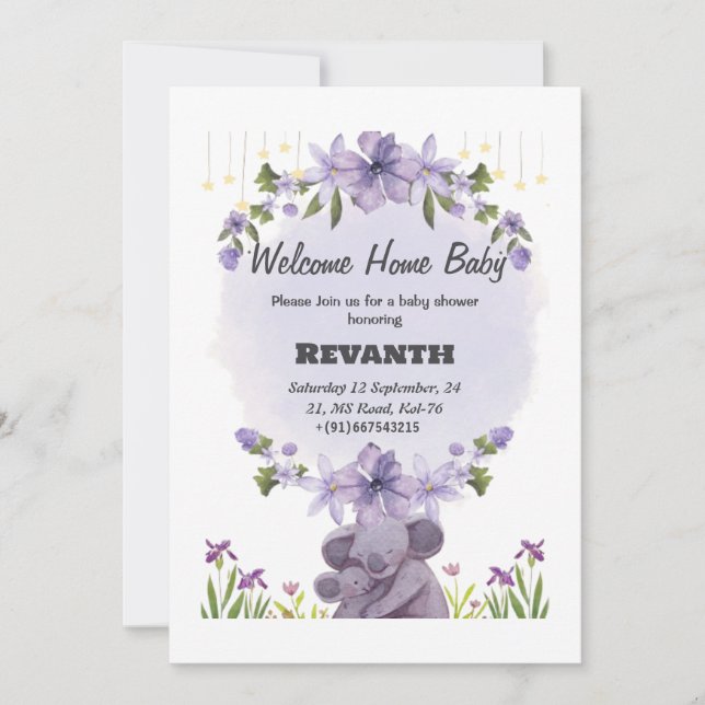 Carte d'invitation au Baby shower floral pourpre (Devant)