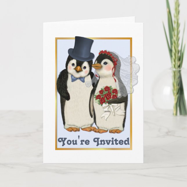 Carte d'invitation au mariage de manchots (Devant)