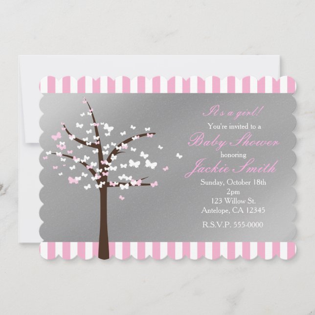 Carte d'invitation Baby Shower arbre papillon gris (Devant)