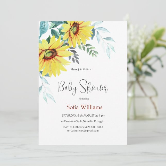 Carte d'invitation baby shower avec tournesol. (Debout devant)