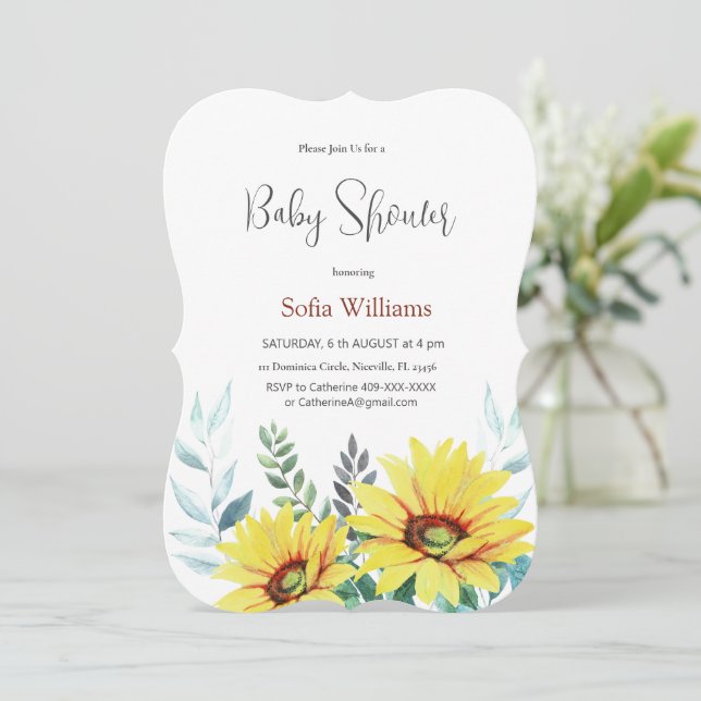 Carte d'invitation baby shower avec tournesol. (Debout devant)