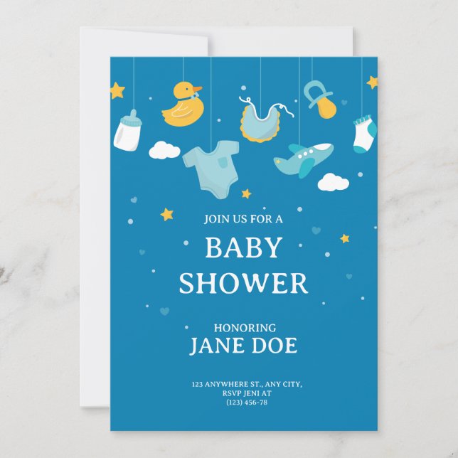 Carte d'invitation Baby shower bleu esthétique (Devant)